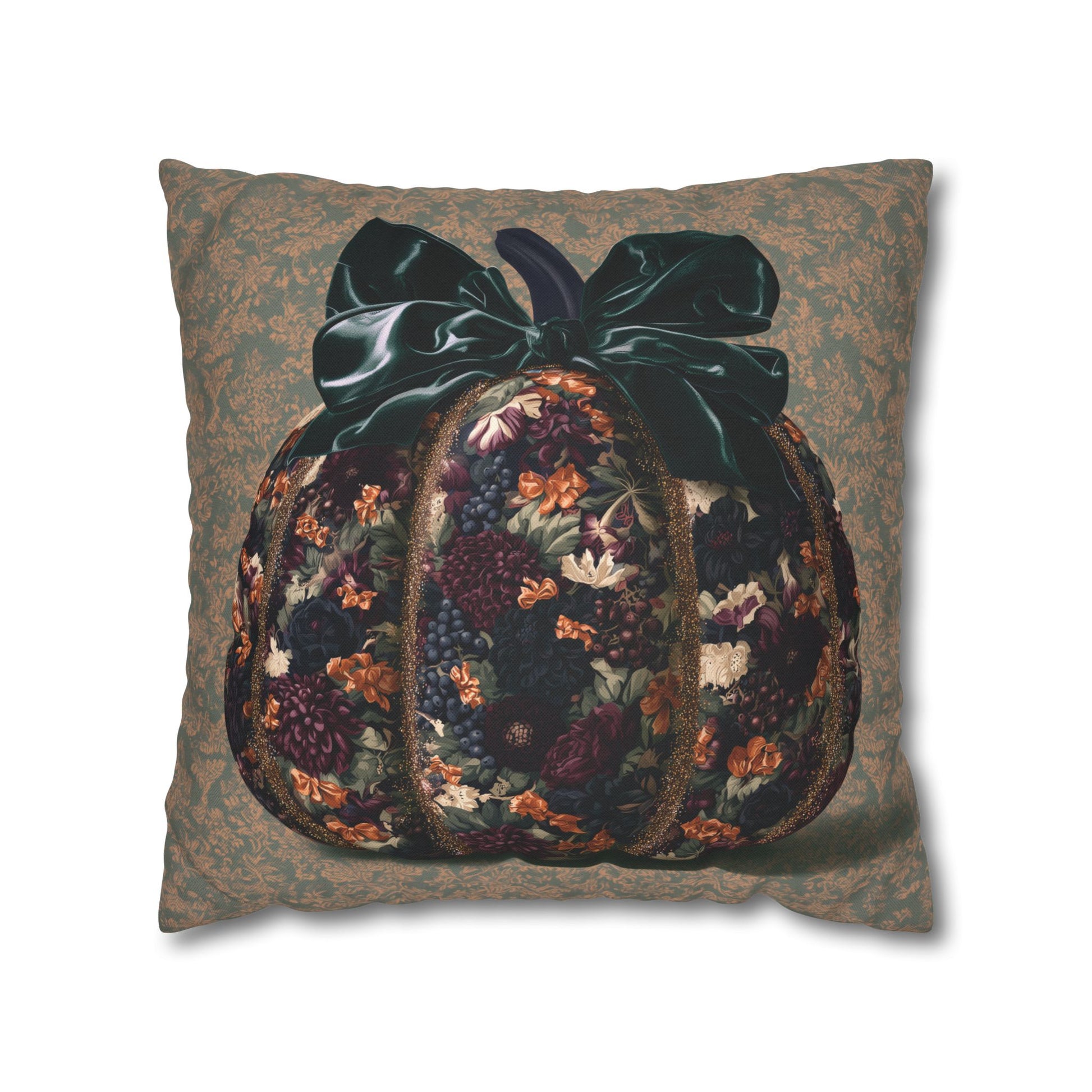 A square decorative throw pillow featuring a large floral pumpkin design with a dark green bow on a textured brown and beige damask-patterned background.