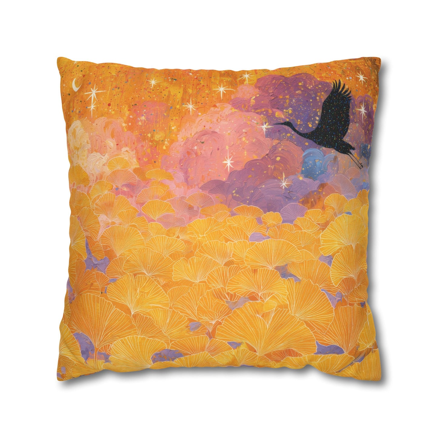 A square decorative throw pillow featuring a colorful artistic print of golden ginkgo leaves under a starry sky with a black flying bird silhouette, shown on a white background with a soft drop shadow.