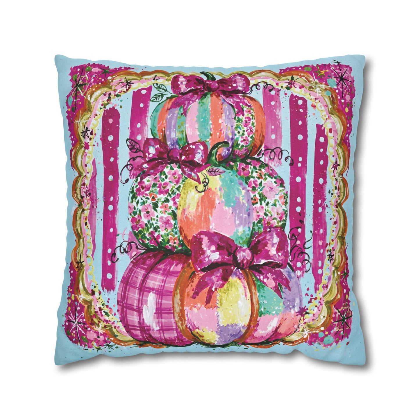 A square decorative throw pillow with a colorful autumn pumpkin design