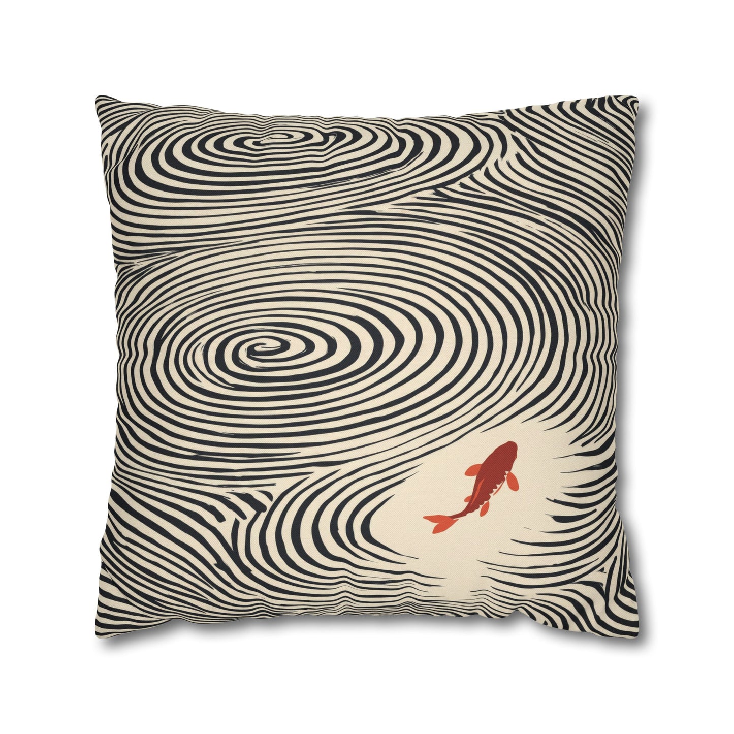 A square throw pillow featuring a blue and cream wavy ripple pattern with a small red koi fish illustration near the bottom right, set against a plain white background.