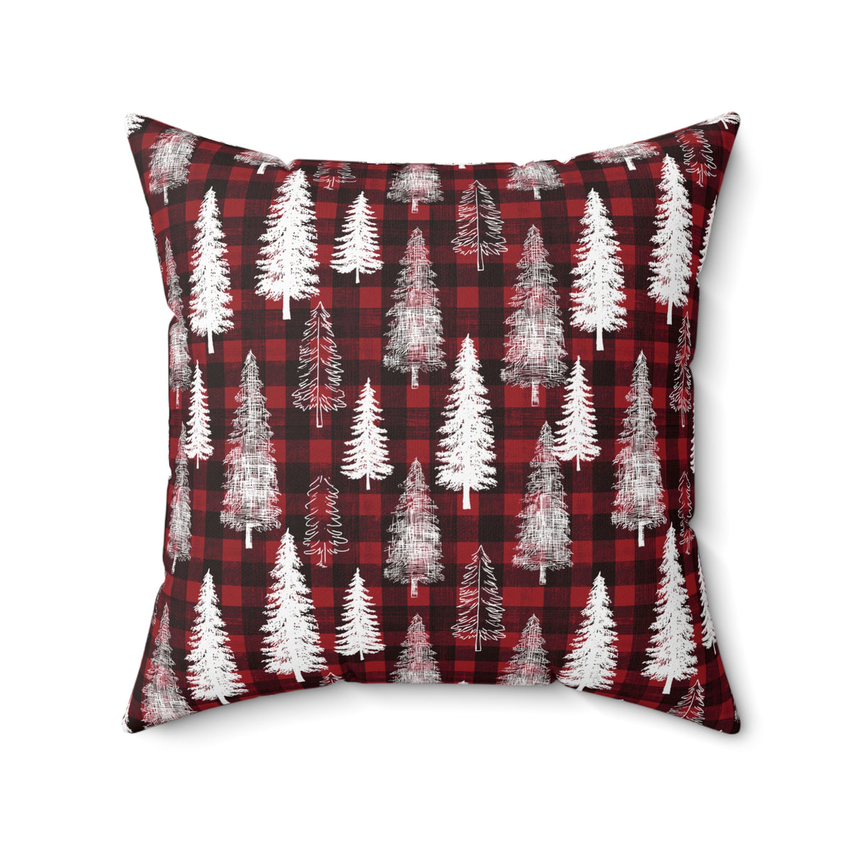 A square throw pillow featuring a red and black buffalo plaid pattern overlaid with white and gray pine tree silhouettes, shown against a plain white background.