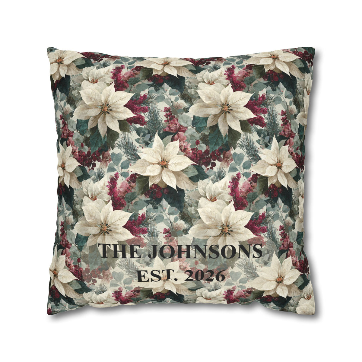 A square decorative throw pillow featuring a vintage-style floral print with white poinsettias, burgundy berries, and green foliage on a muted gray-green background.