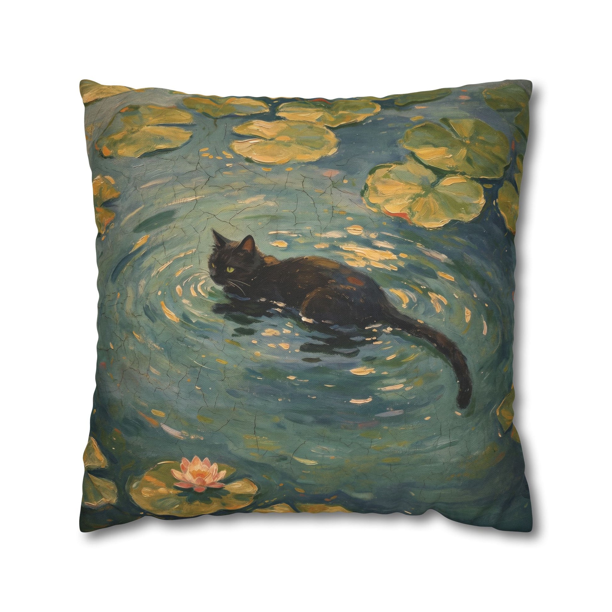 Pillow with a design of a cat in water lilies, inspired by famous artwork.