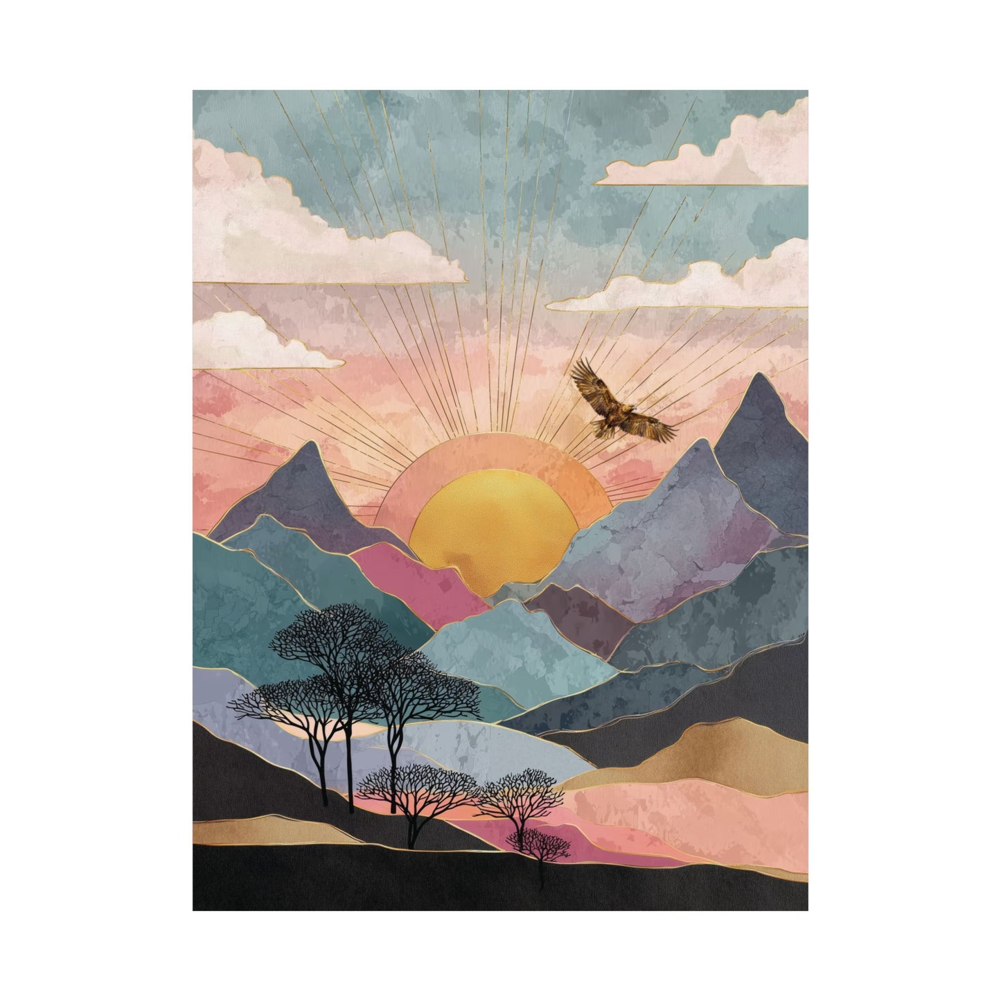 Boho Eagle Sunrise Canvas, Abstract Mountain Art Poster Print, Artistic Eagle Flying Over Mountain Wall Decor, Pastel Landscape Poster