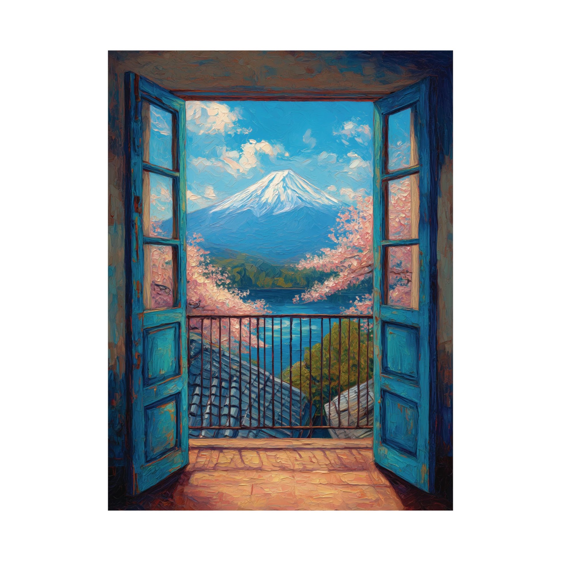 Painting of a balcony with open blue doors showing a mountain and cherry blossoms.
