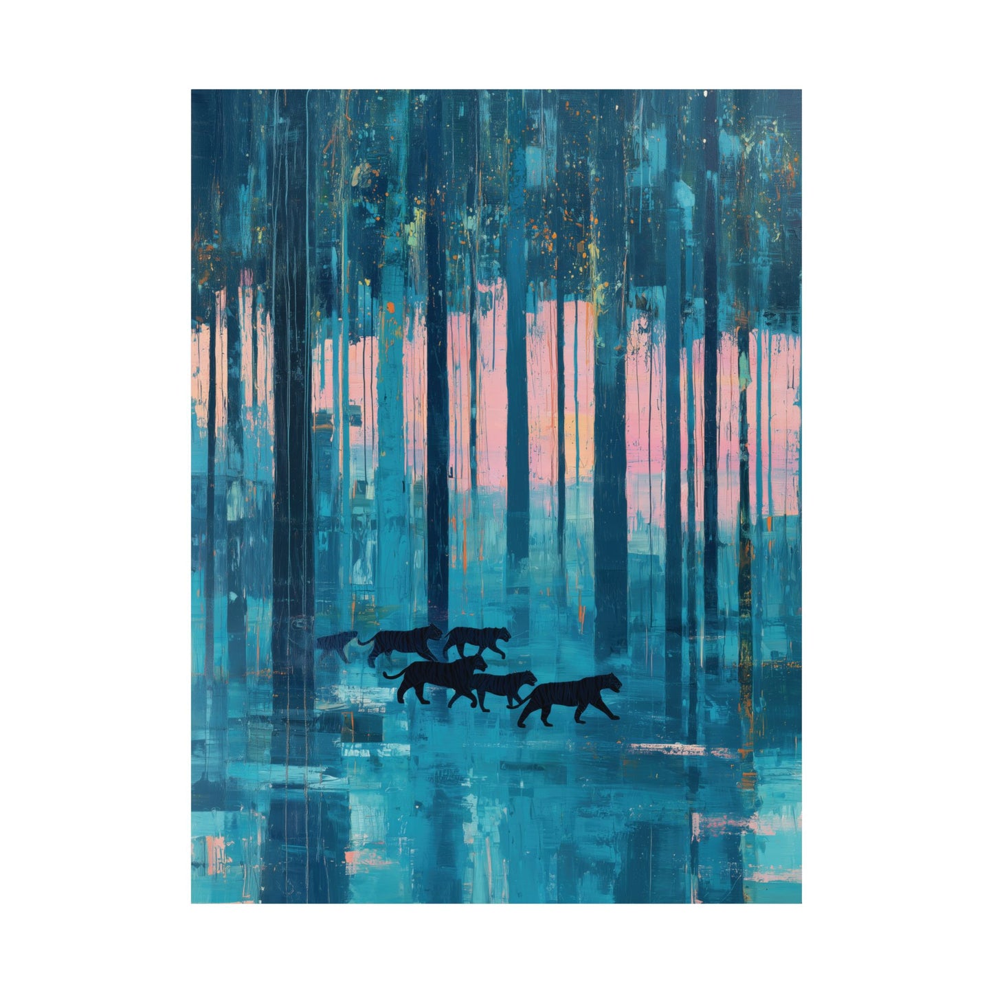 Abstract Blue Forest Tiger Canvas, Teal Pink Landscape Wall Art, Modern Wildlife Poster Print, Moody Maximalist Decor, Tiger Nature Print