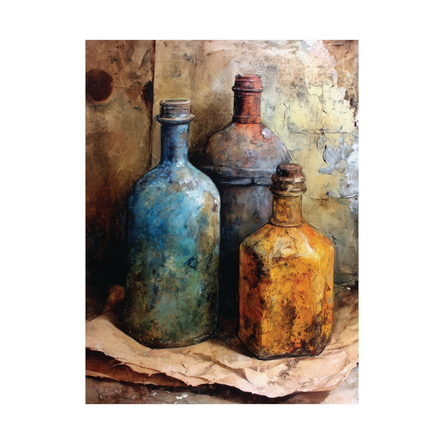 Poster print of three textured bottles on a white background
