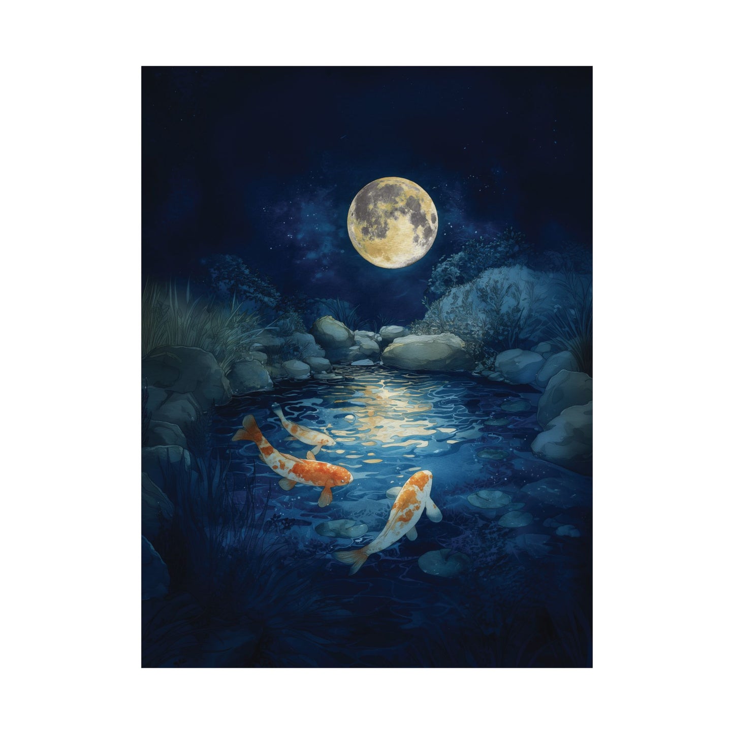 Koi Fish Full Moon Wall Art Canvas or Poster Print, Celestial Garden Pond Print, Japanese Night Pond Print, Japan Koi Fish Home Decor