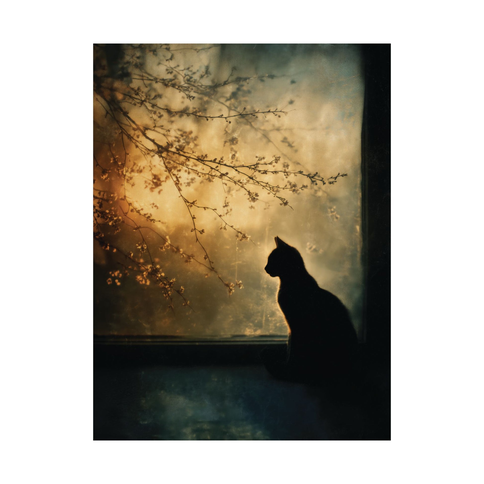 Silhouette of a cat by a window with tree branches and soft light