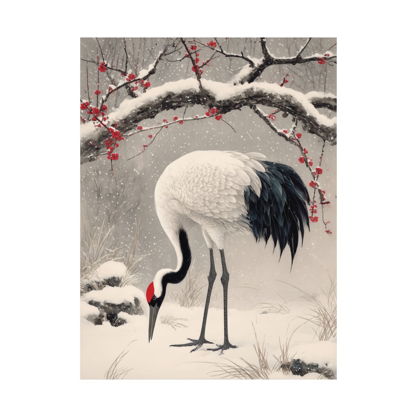 Painting of a crane in a snowy landscape with red berries