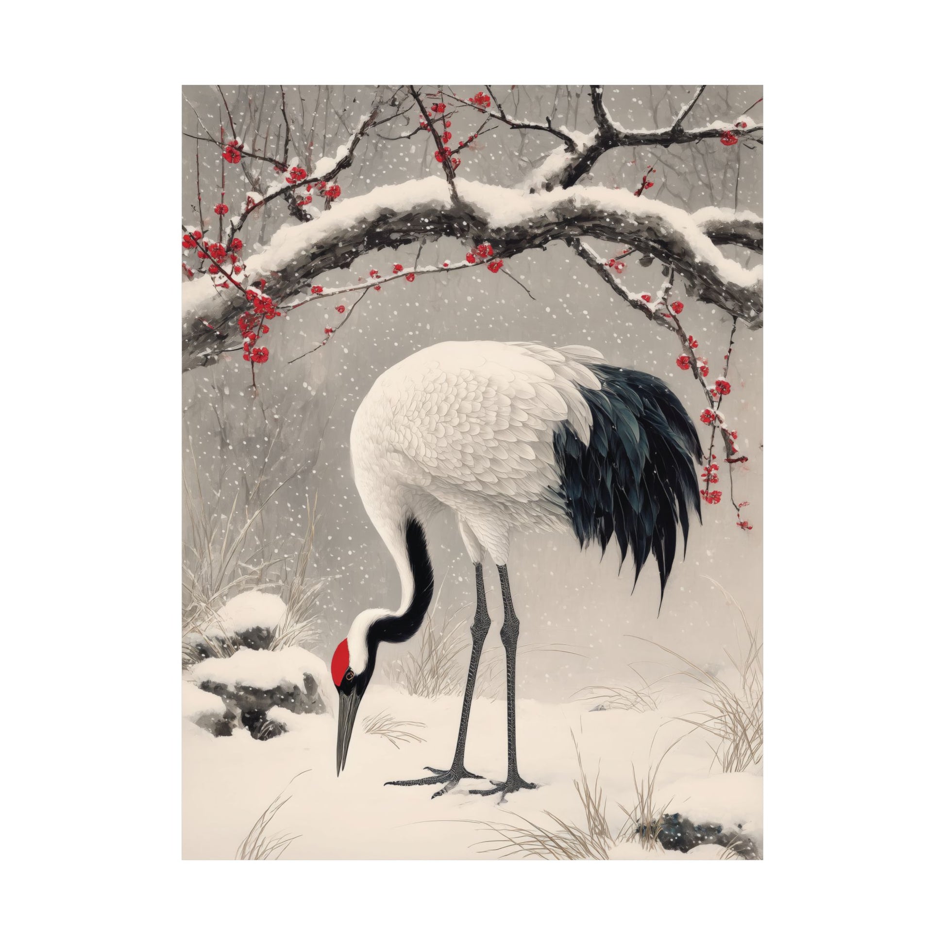 Painting of a crane in a snowy landscape with red berries