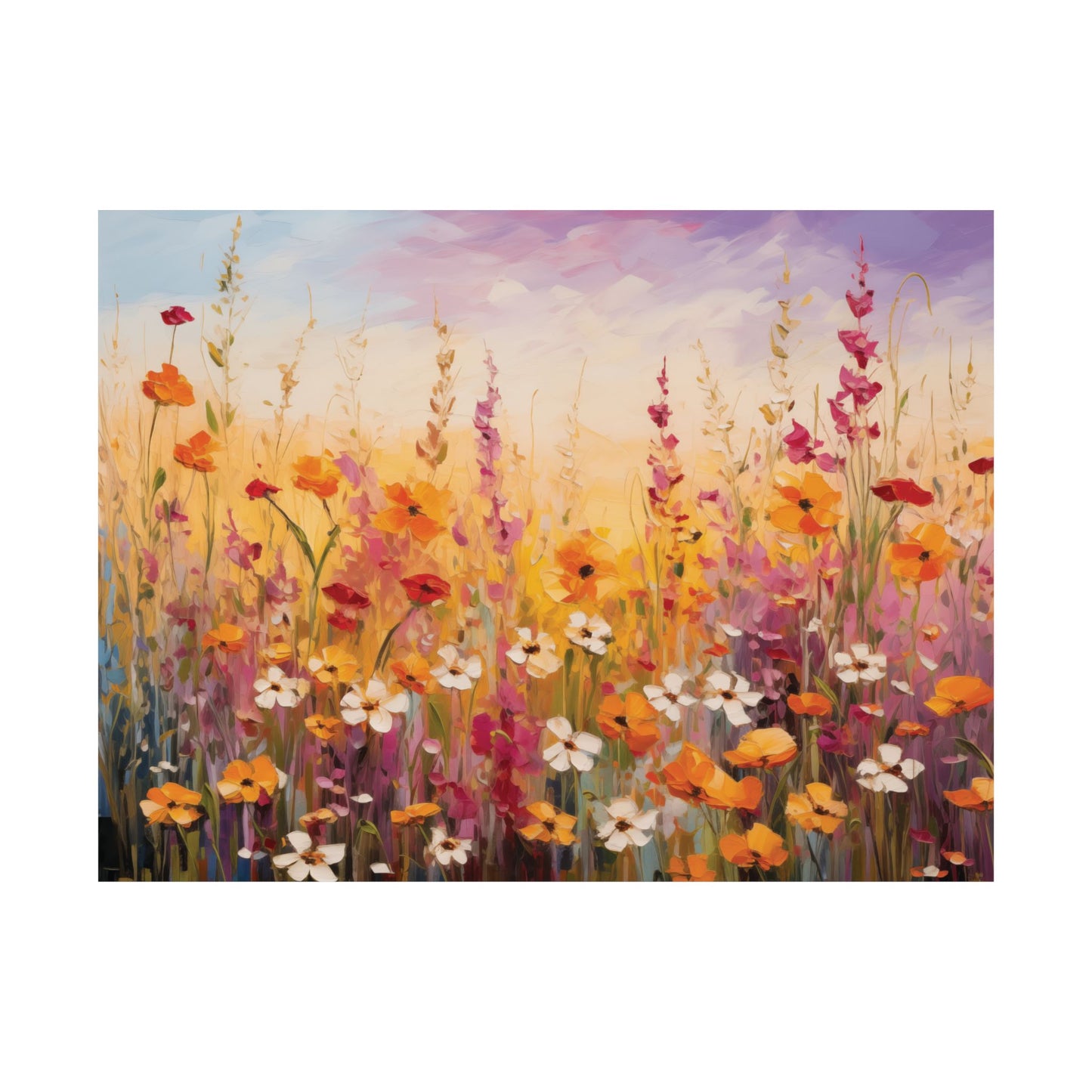 Painting of a field of colorful flowers with a soft sky background