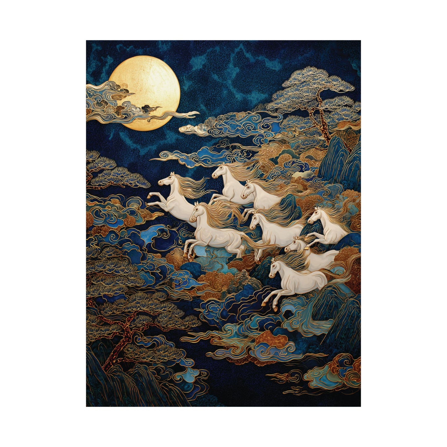 Eight White Horses Canvas, Year of the Horse, Japanese Art Poster Print, Asian Celestial Poster, Full Moon Wall Art, Mythical Animal Decor