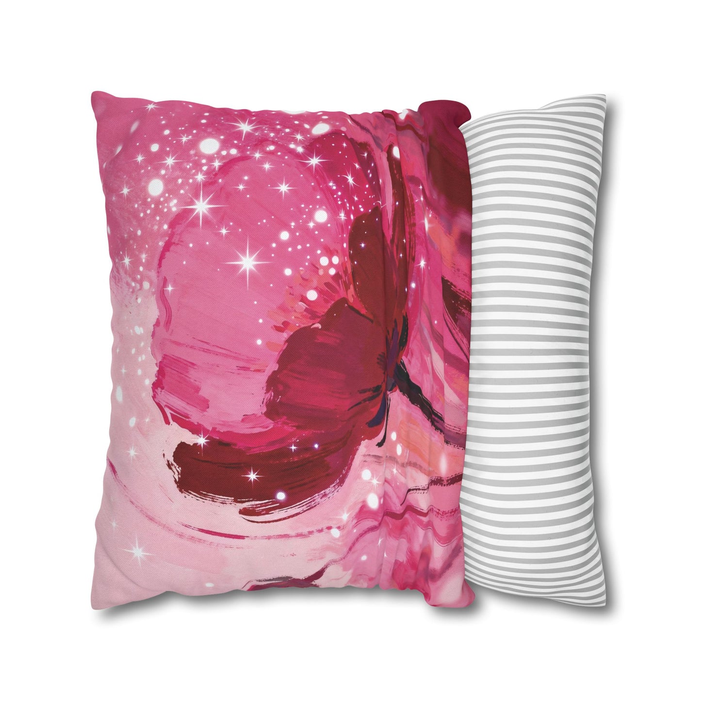 pillow with a pink butterfly design with a white and gray striped pattern, on a white background.