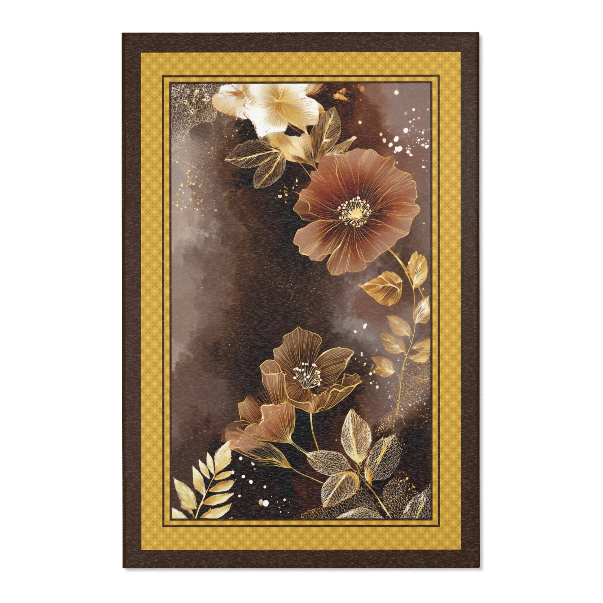 Decorative floral design are rug with gold and brown flowers on a dark background, framed by a decorative border.