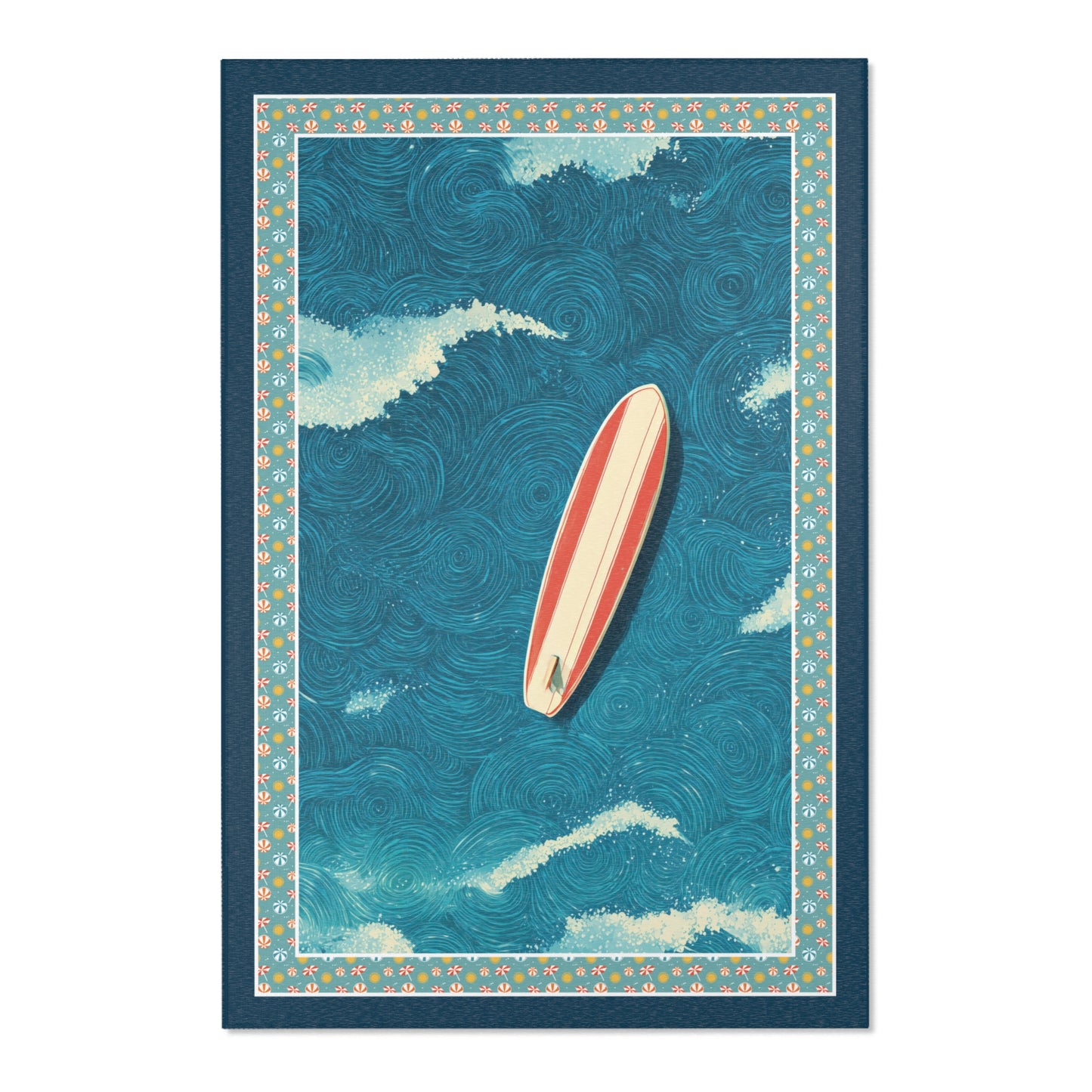 Area rug with graphic of a surfboard on wavy water with decorative border