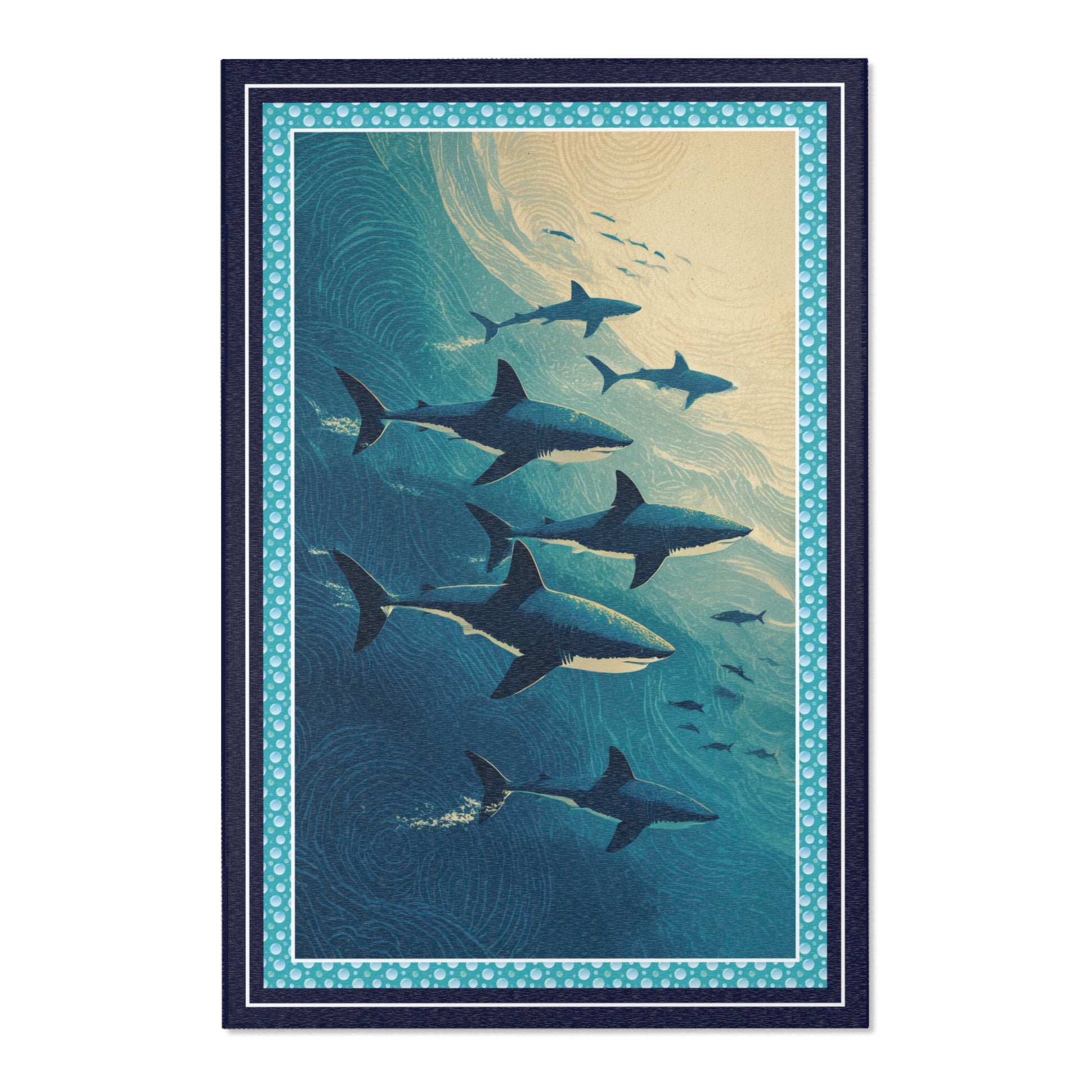 area rug with artwork of sharks swimming in the ocean with a decorative border.