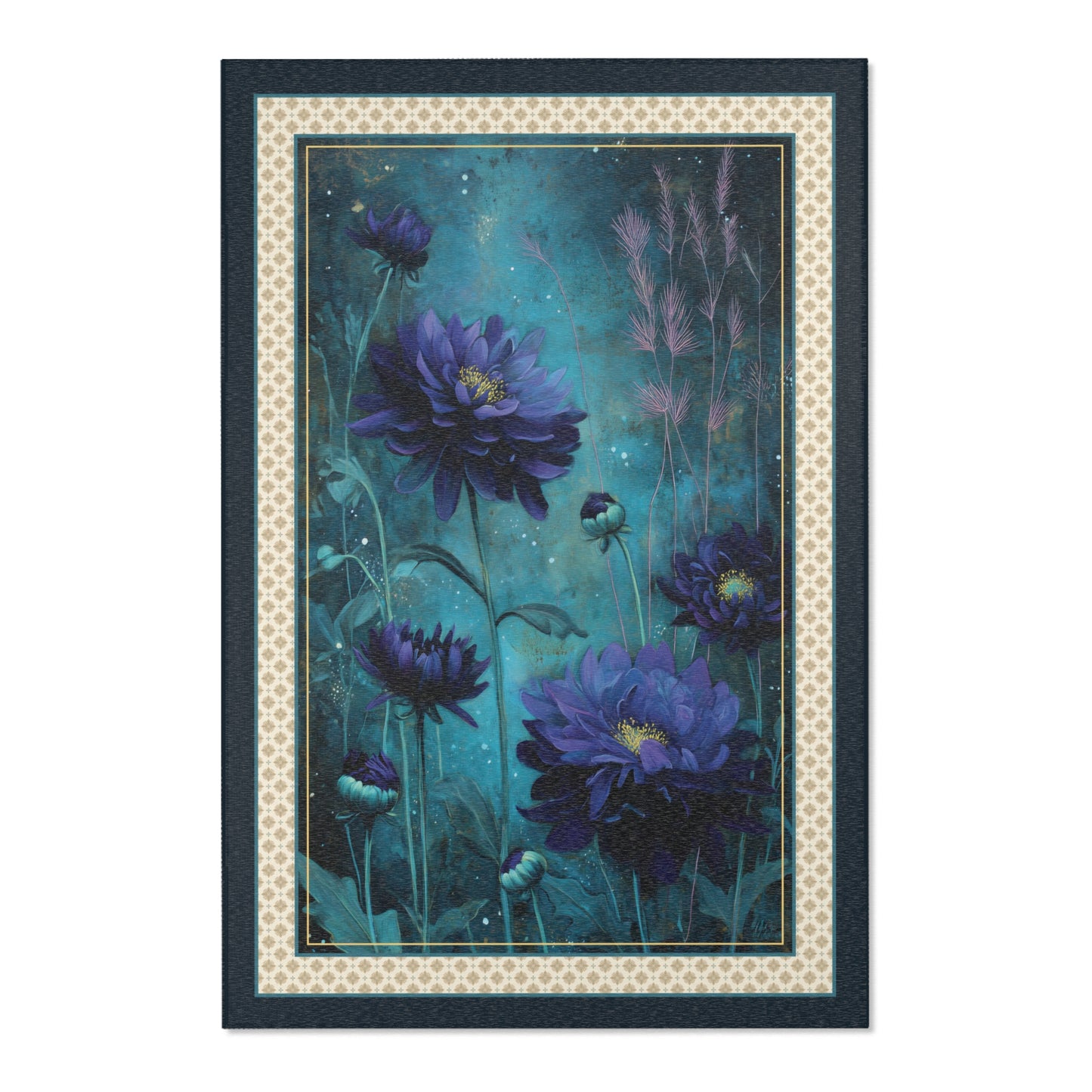 area rug with dark floral graphic