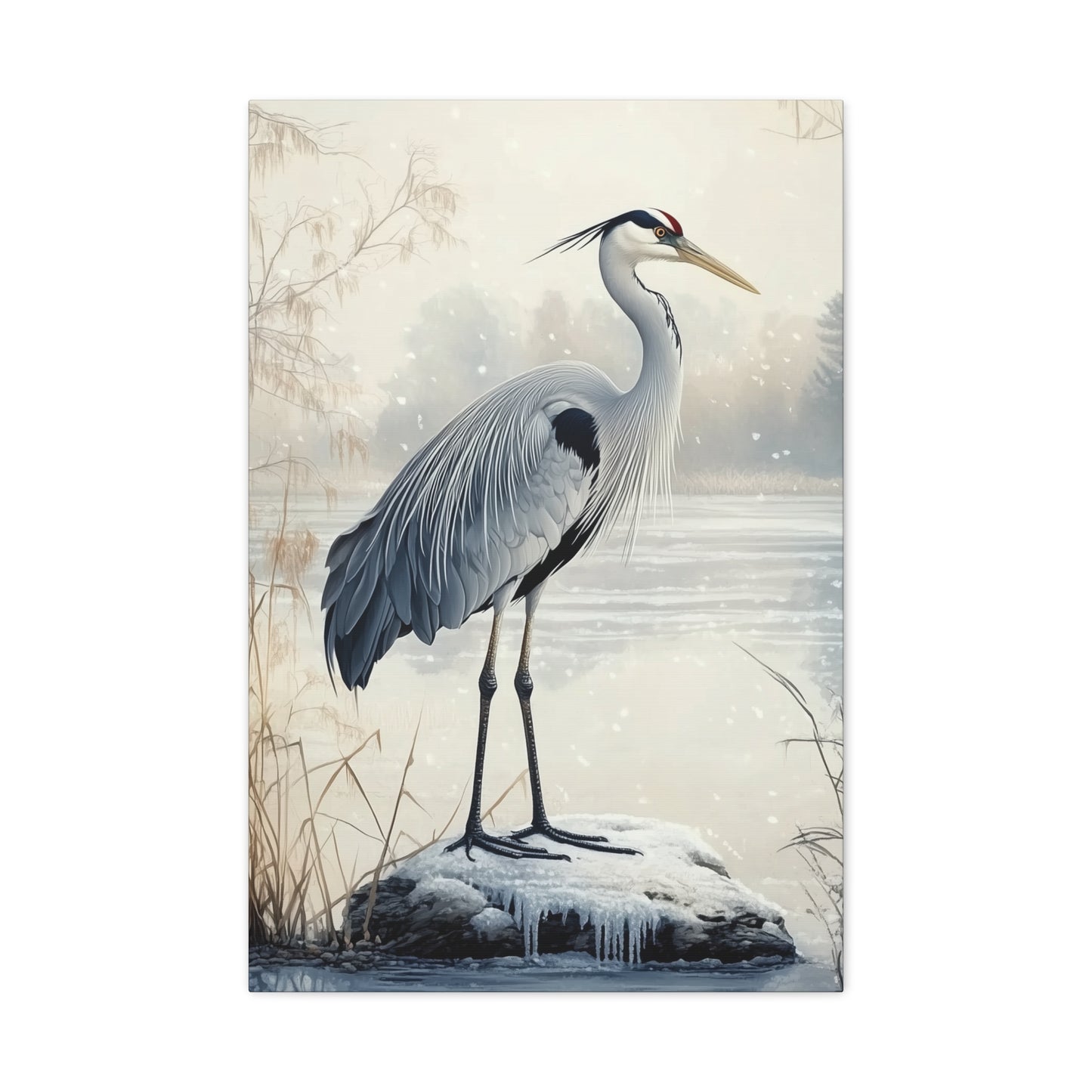 Winter Cranes Herons Set of 2 Canvas Wall Art, Coastal Bird Snowy Landscape Decor, Blue Herons, Nature Lover Gift, Seasonal Beauty Prints