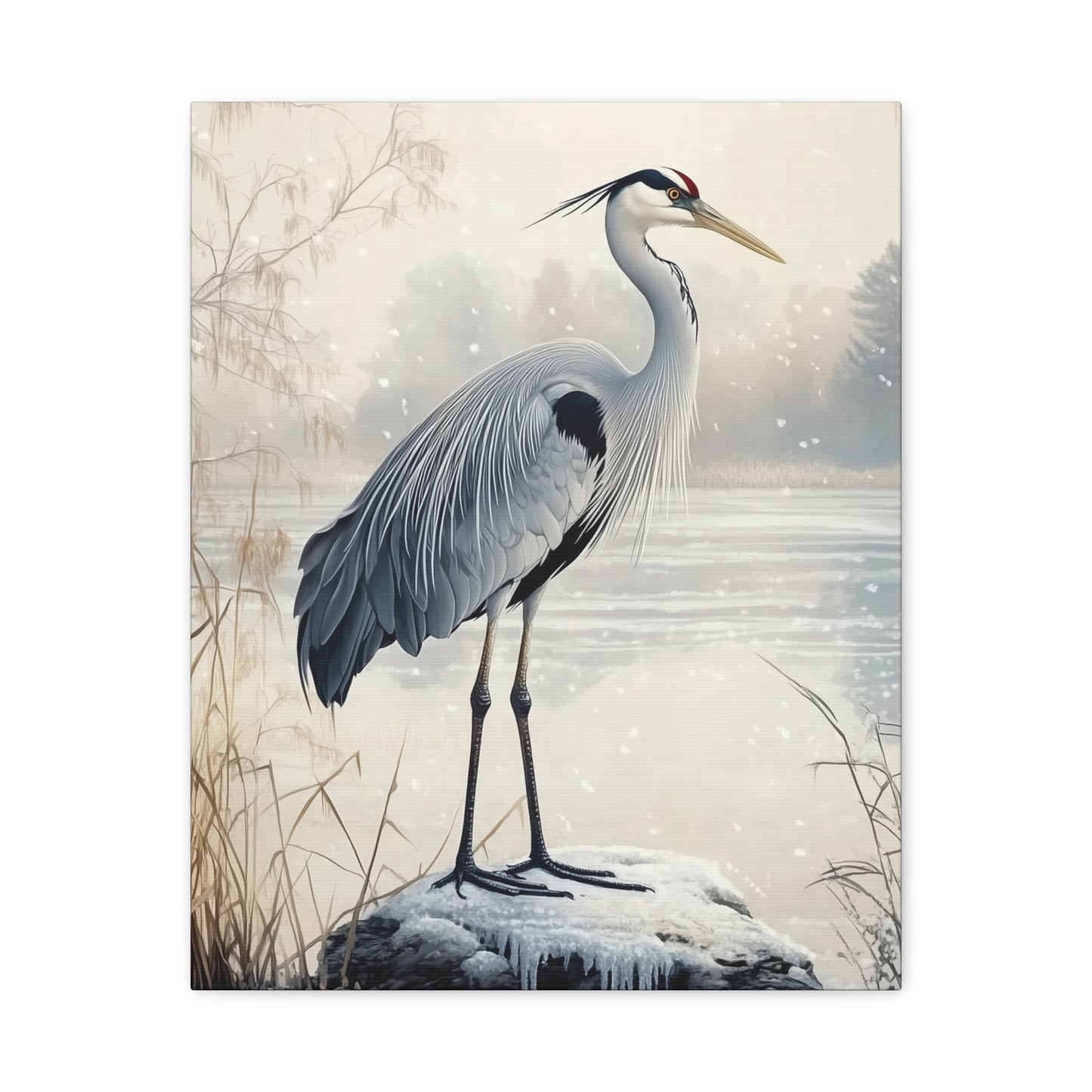 Winter Cranes Herons Set of 2 Canvas Wall Art, Coastal Bird Snowy Landscape Decor, Blue Herons, Nature Lover Gift, Seasonal Beauty Prints