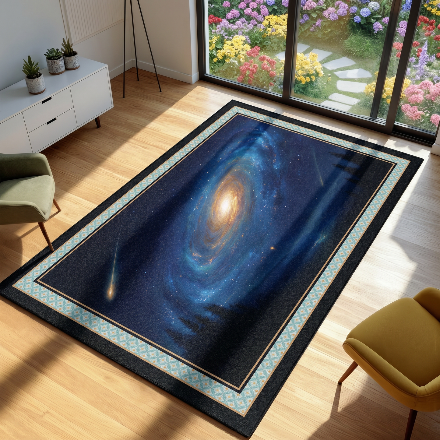 A rectangular area rug with a deep blue galaxy and nebula print, bordered in black and light blue geometric patterns, shown on a light wood floor in a modern living room setting.