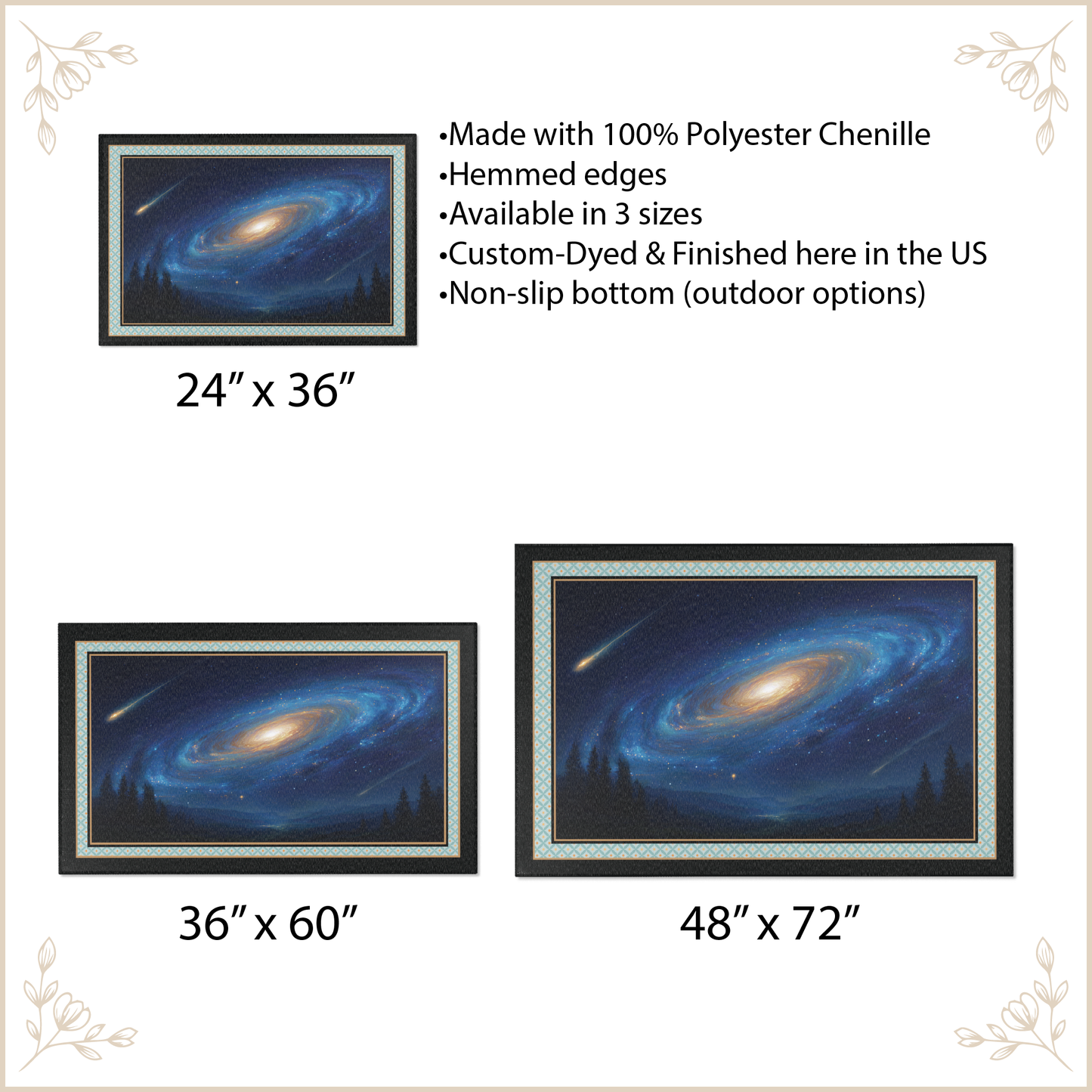 Area rug shown with size labels: 24 x 36 inches, 36 x 60 inches, and 48 x 72 inches. Text above lists product features, including 100% polyester chenille, hemmed edges, and available in three sizes.