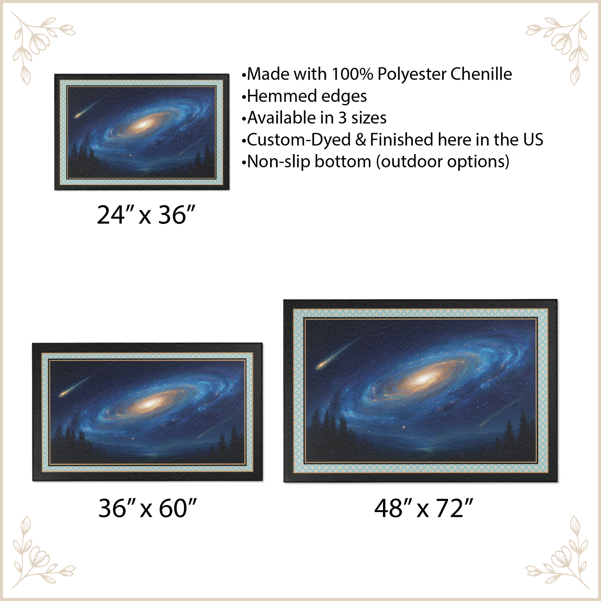 Area rug shown with size labels: 24 x 36 inches, 36 x 60 inches, and 48 x 72 inches. Text above lists product features, including 100% polyester chenille, hemmed edges, and available in three sizes.