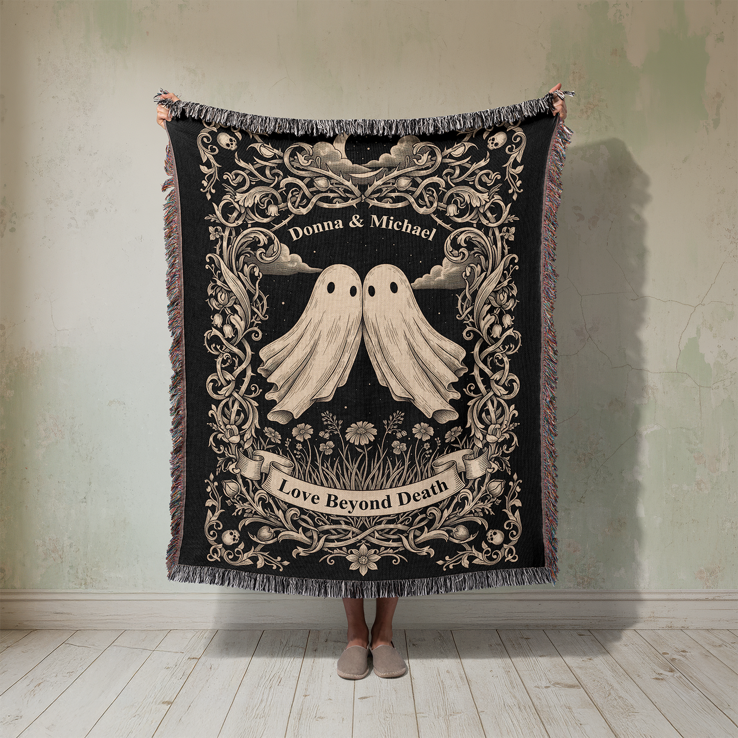 Personalized Ghost Couple Woven Blanket, Custom Names Tapestry, Gothic Wedding Gift, Love Beyond Death Jacquard Throw, Valentine's Day Gift