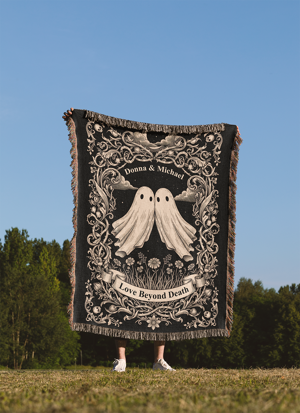 Personalized Ghost Couple Woven Blanket, Custom Names Tapestry, Gothic Wedding Gift, Love Beyond Death Jacquard Throw, Valentine's Day Gift
