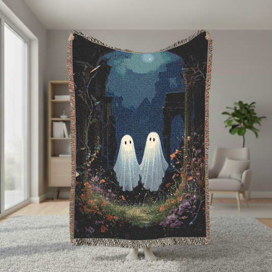 Cute Ghost Woven Blanket, Spooky Couple Tapestry, Dark Cottagecore Throw, Romantic Goth Decor, Halloween Anniversary Gift for Her