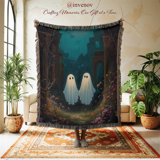 Decorative blanket with ghost design held by a person in a room with plants and furniture.
