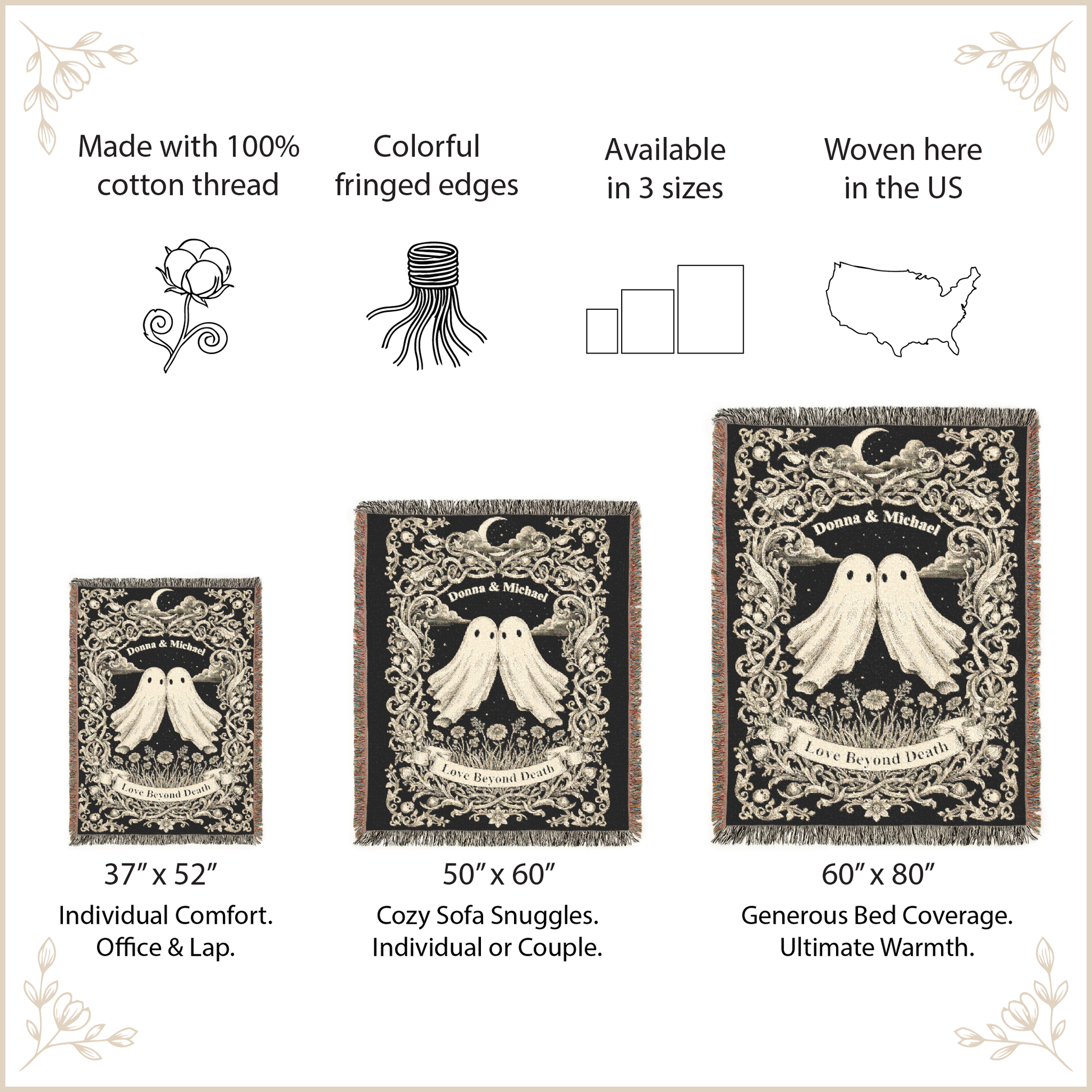 A product information graphic for a decorative woven blanket featuring two white ghosts under a crescent moon on a black background with ornate beige scrollwork. The image includes text stating it is made with 100% cotton thread, colorful fringed edges, available in 3 sizes, and woven in the US, with three size options labeled 37" x 52", 50" x 60", and 60" x 80".