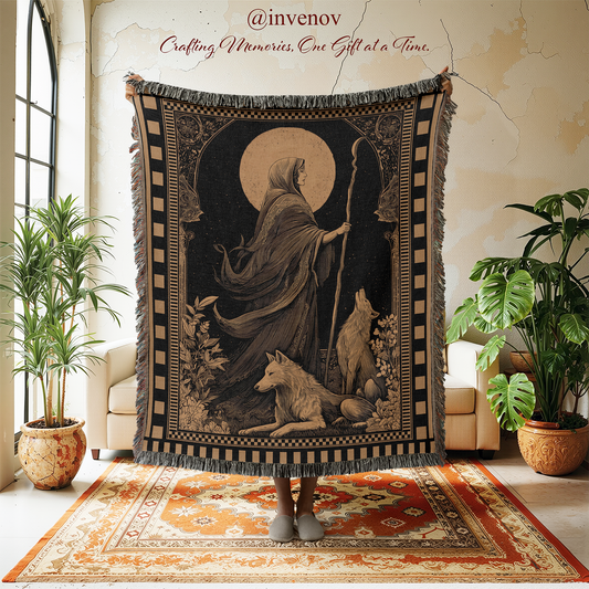 Celestial Moon Goddess Woven Blanket, Tarot Style Dark Tapestry, Wolf Spirit Animal Throw, Dark Academia Witchy Decor, Occult Art Gift