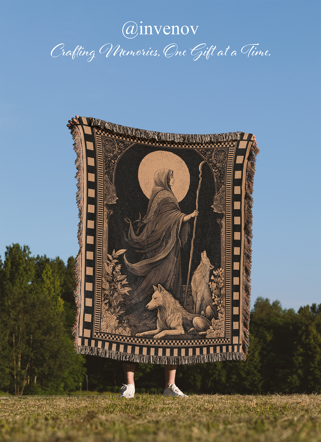 Celestial Moon Goddess Woven Blanket, Tarot Style Dark Tapestry, Wolf Spirit Animal Throw, Dark Academia Witchy Decor, Occult Art Gift