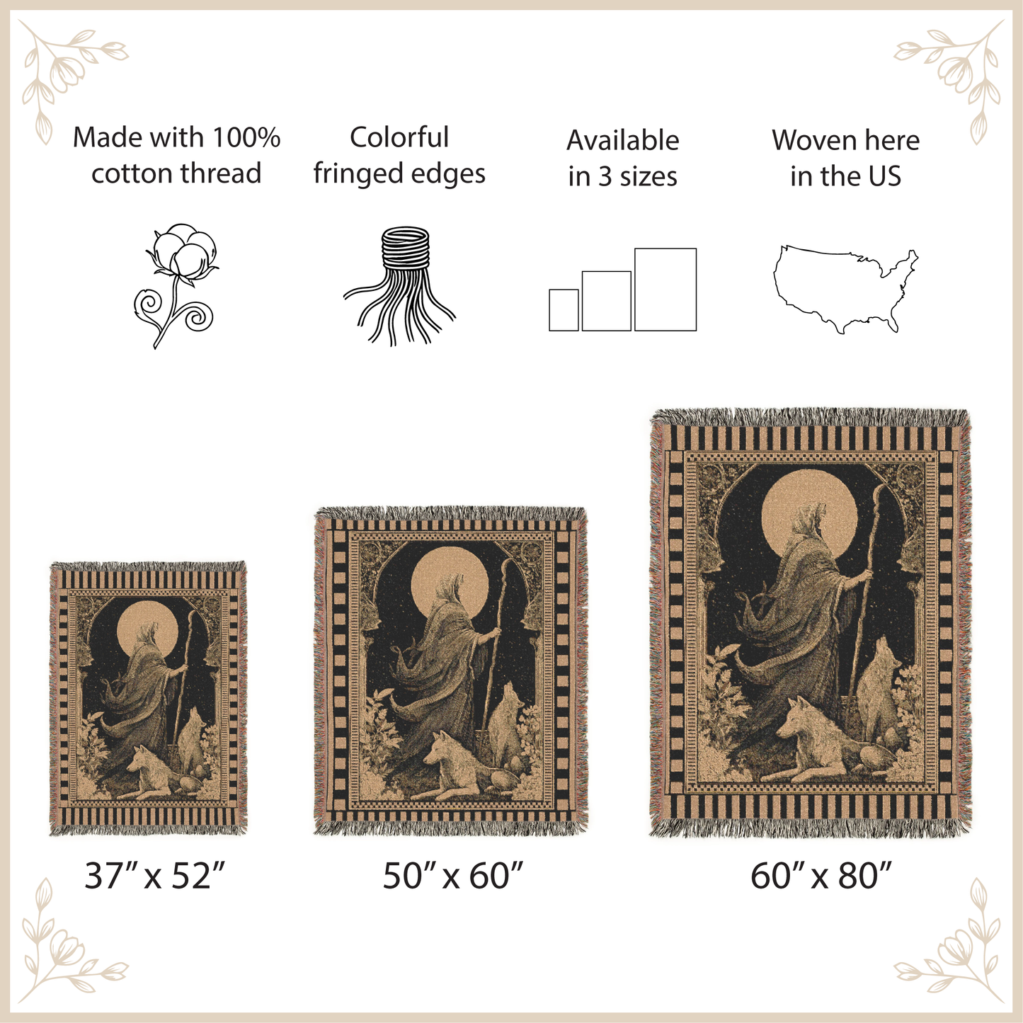 Celestial Moon Goddess Woven Blanket, Tarot Style Dark Tapestry, Wolf Spirit Animal Throw, Dark Academia Witchy Decor, Occult Art Gift