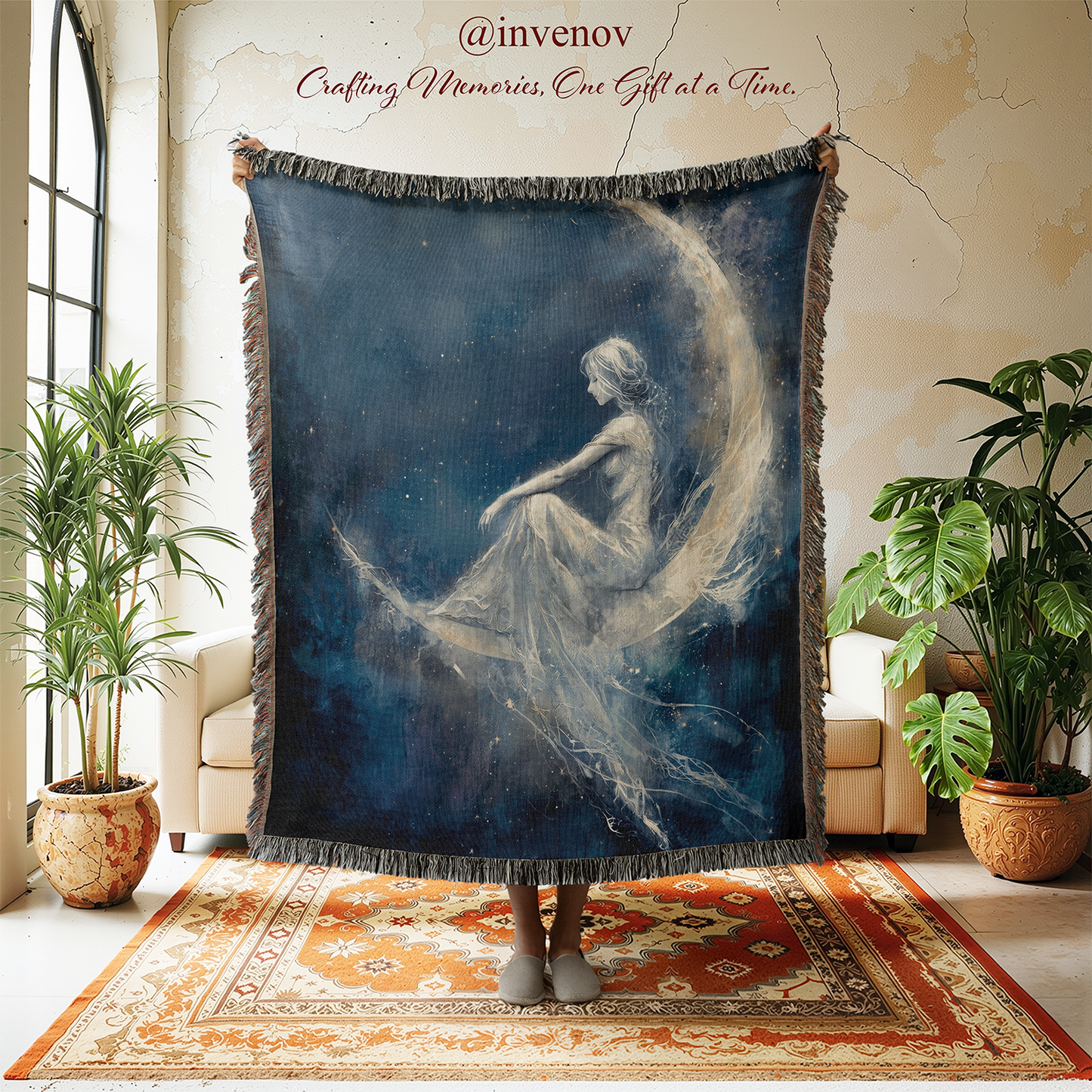 Tapestry with a goddess in a flowing dress in a room with plants and furniture.