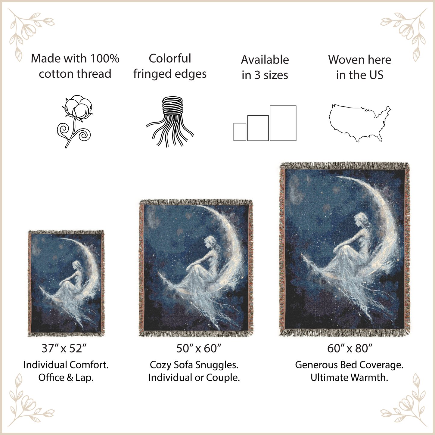 Decorative throw blanket with goddess design, shown in different sizes with product details.