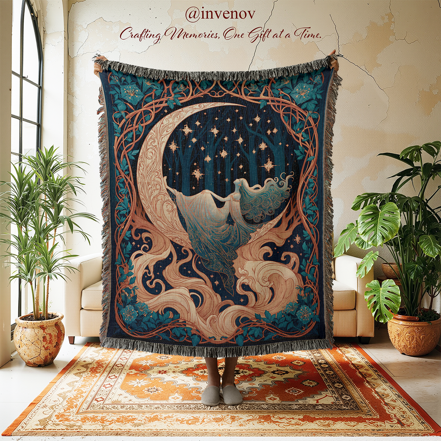 woven blanket with moon goddess designs