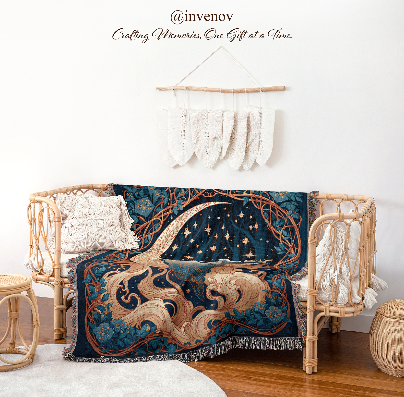 woven blanket with moon goddess designs