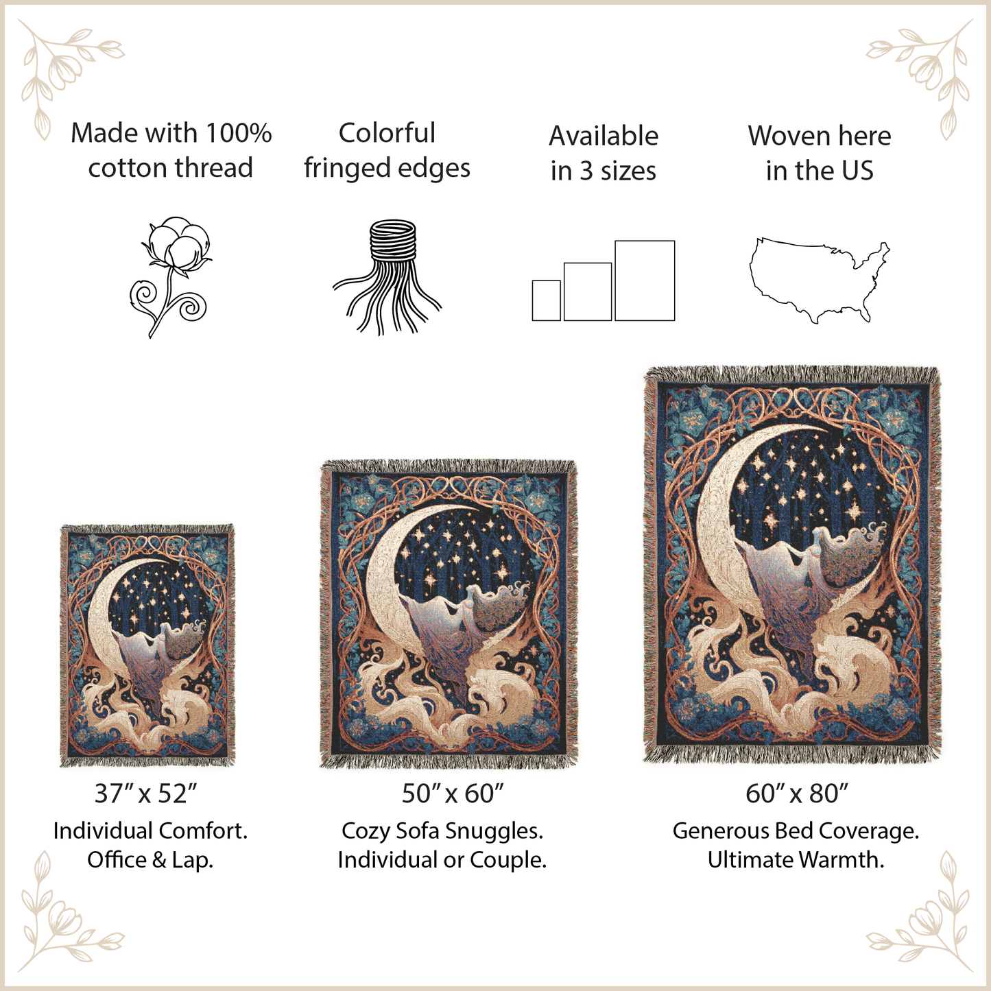 woven blanket with moon goddess designs with size options and features