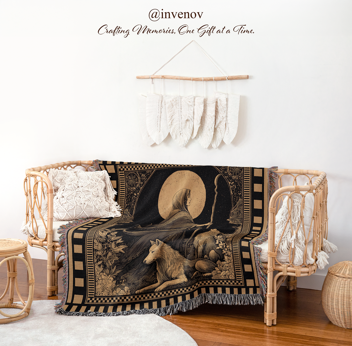 Decorative blanket with wolf design on a chair