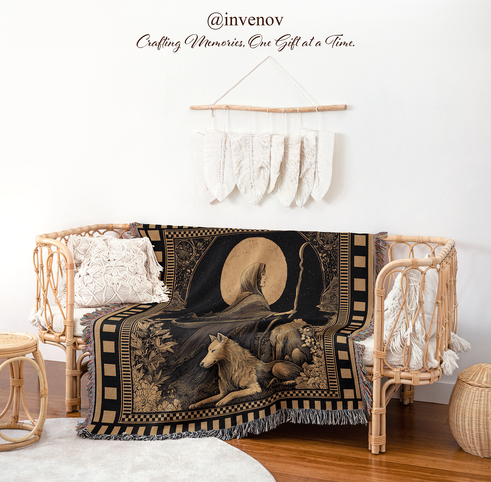 Decorative blanket with wolf design on a chair