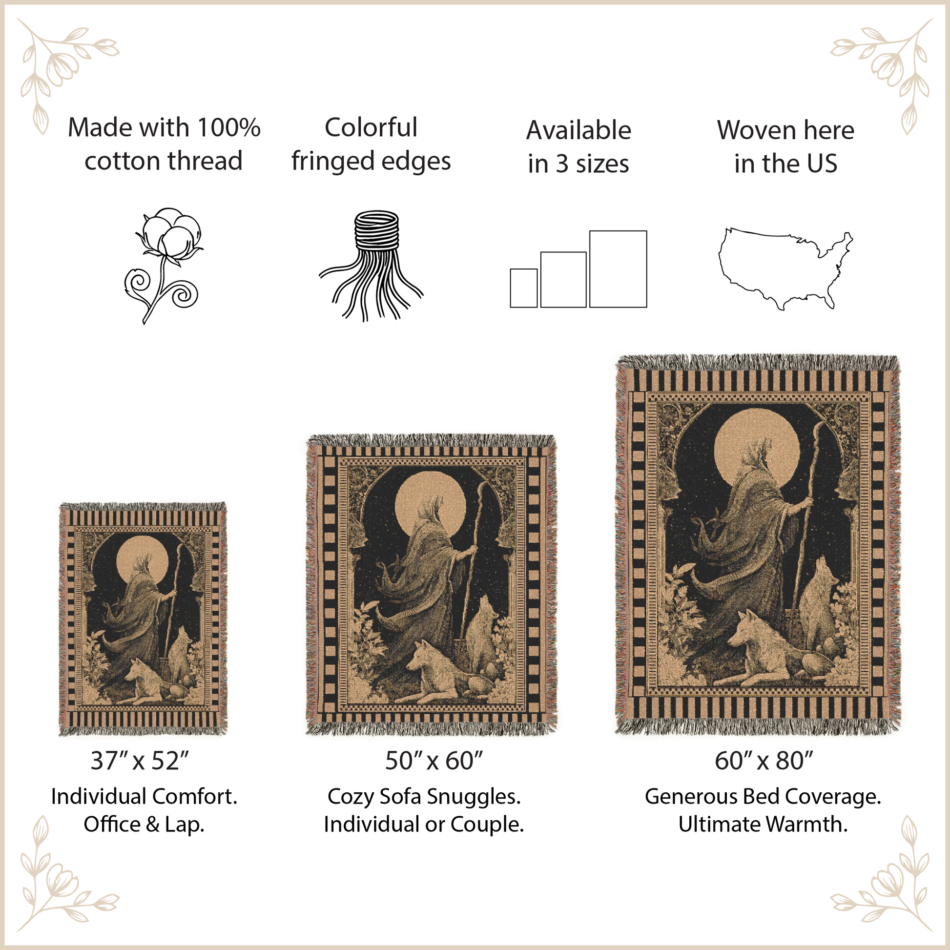 Woven blanket with artistic design, size options, and features listed on a beige background.