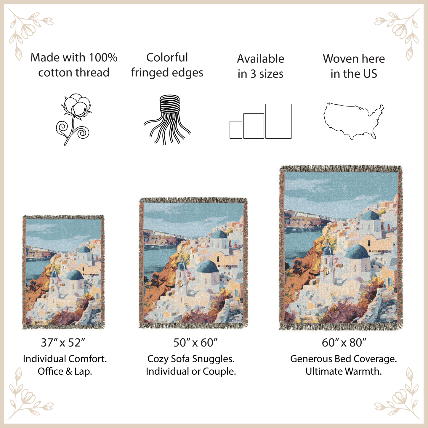 Woven blanket with scenic design, size options, and features listed on a beige background.