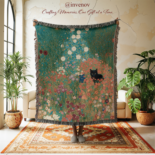 Decorative blanket with floral and animal design in a room with plants and furniture.