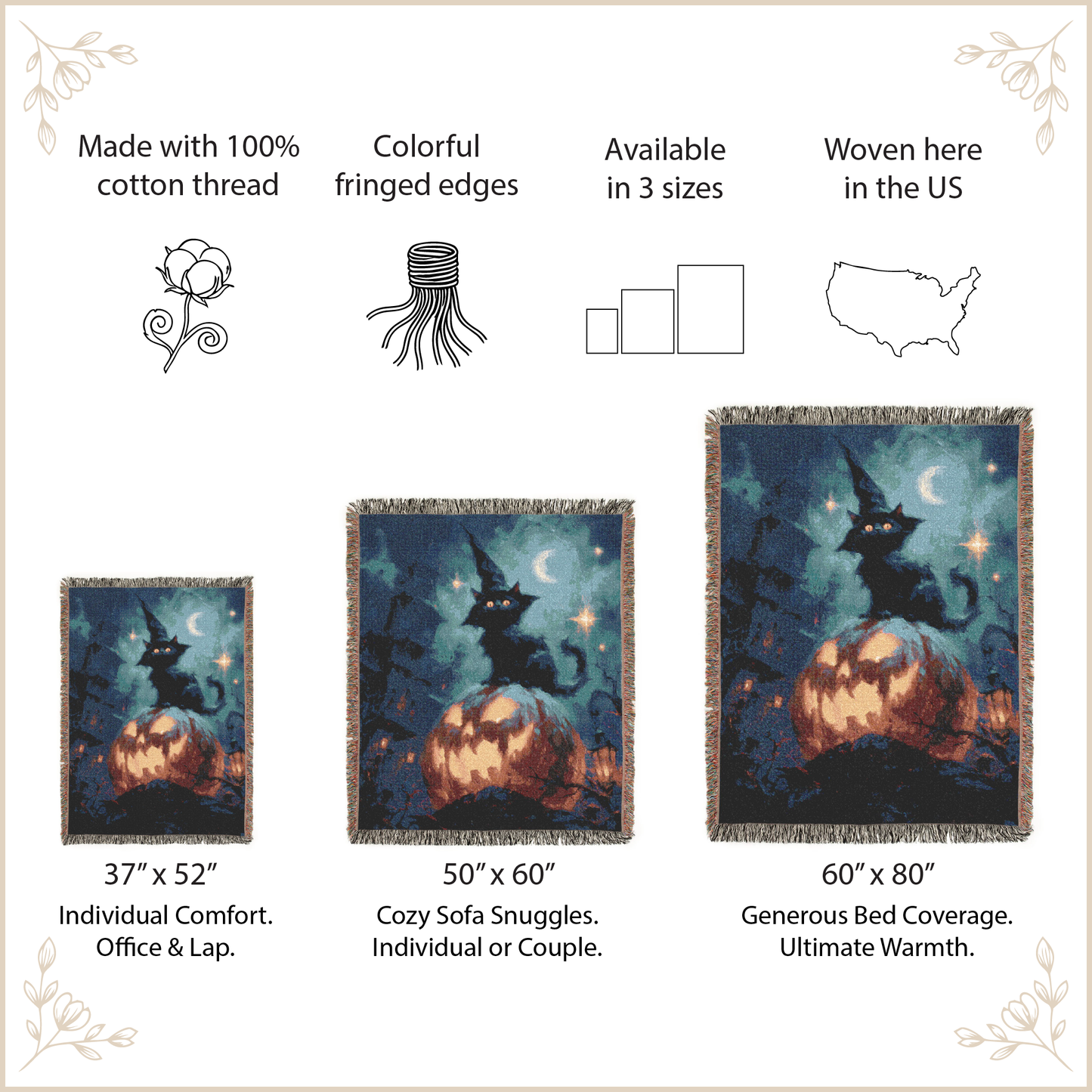 A product information graphic for a woven Halloween-themed blanket or tapestry. The design shows three size options with dimensions labeled: 37" x 52", 50" x 60", and 60" x 80".