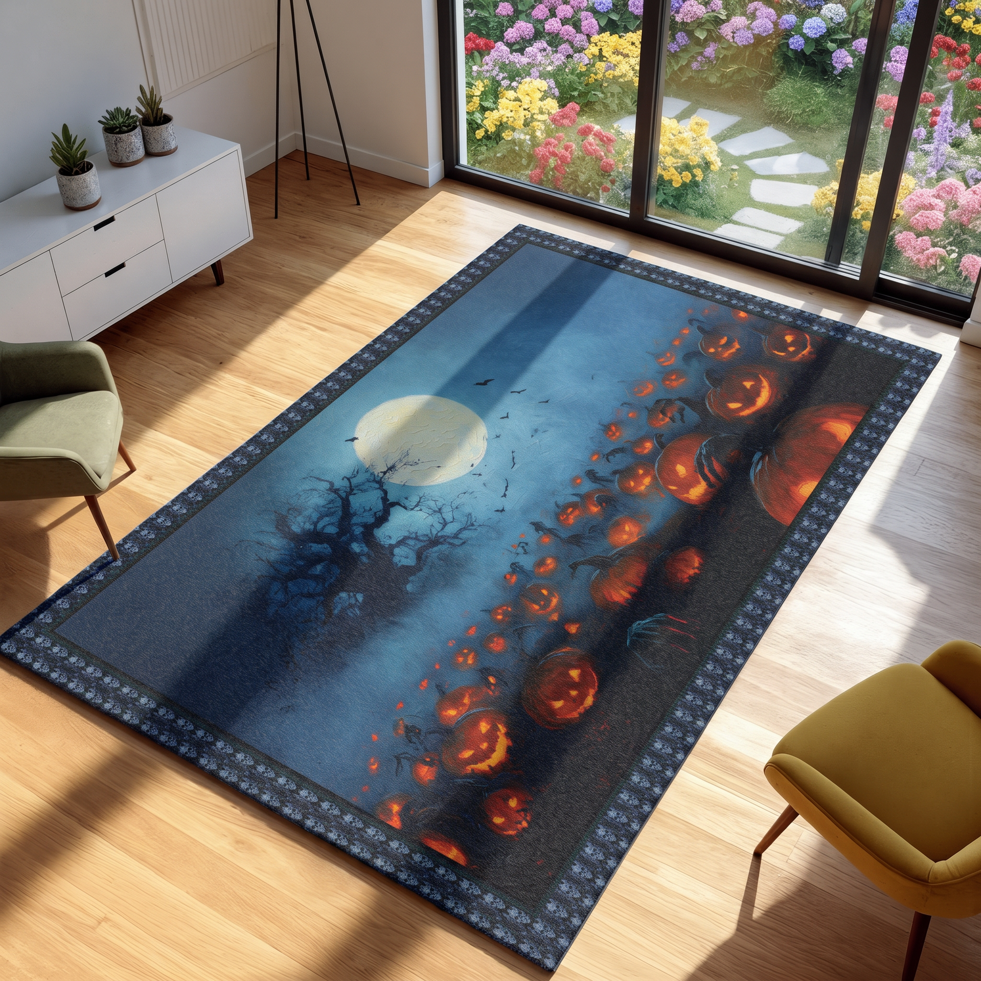 A rectangular area rug with a Halloween-themed design is displayed on a light wood floor in a modern living room. The rug features a dark blue night sky with a full moon, silhouetted trees, flying bats, and a row of glowing orange jack-o'-lantern pumpkins.