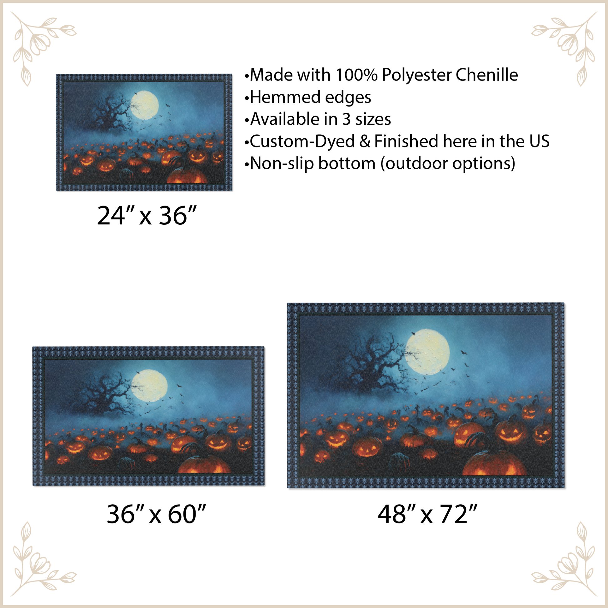 Halloween area rug showing three framed pumpkin-field prints with moonlit sky, labeled 24" x 36", 36" x 60", and 48" x 72". Text on the right lists product features: made with 100% polyester chenille, hemmed edges, available in three sizes, custom dyed and finished in the US, non-slip bottom, and outdoor options.