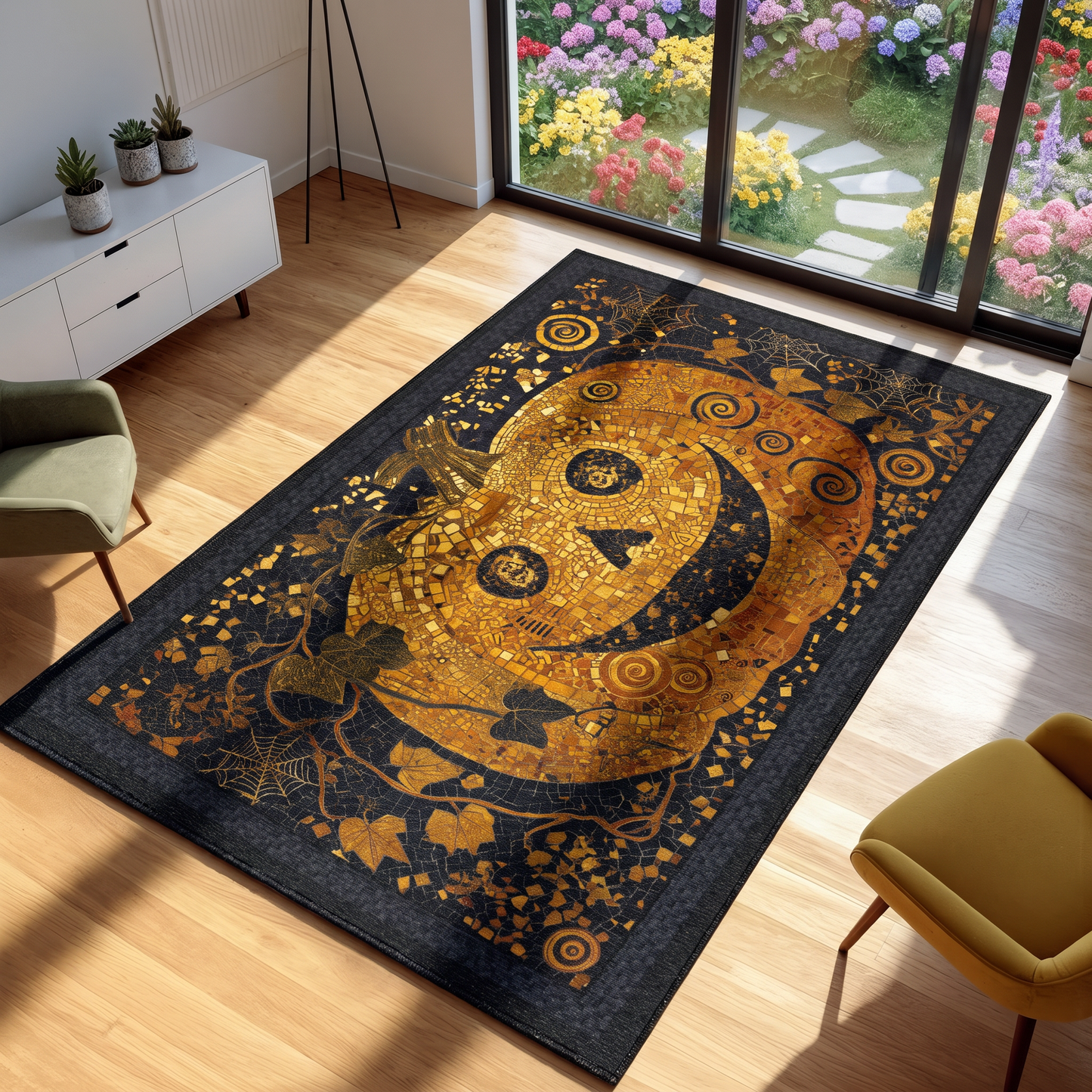 A rectangular area rug with a large gold jack-o'-lantern and spiderweb motifs on a dark navy background, shown in a modern living room setting with wooden floors and large windows.