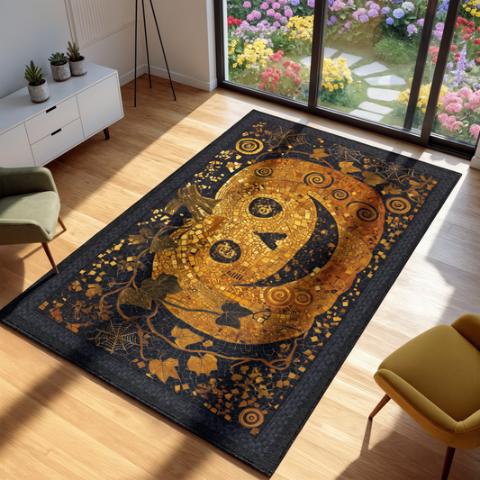 A rectangular area rug with a large gold jack-o'-lantern and spiderweb motifs on a dark navy background, shown in a modern living room setting with wooden floors and large windows.